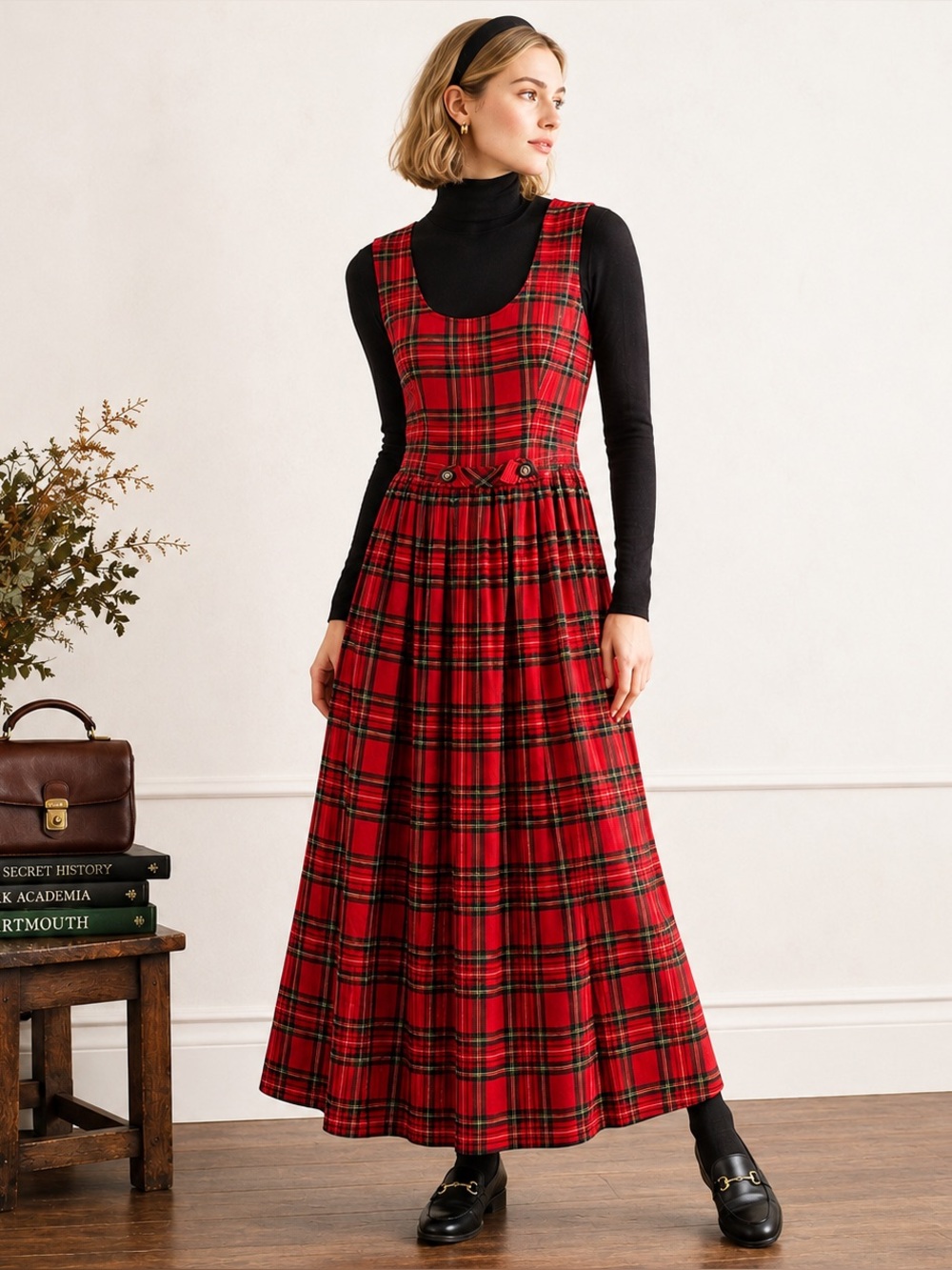 Vintage 90s Red Tartan Plaid Rayon Jumper Dress Dark Academia Preppy M